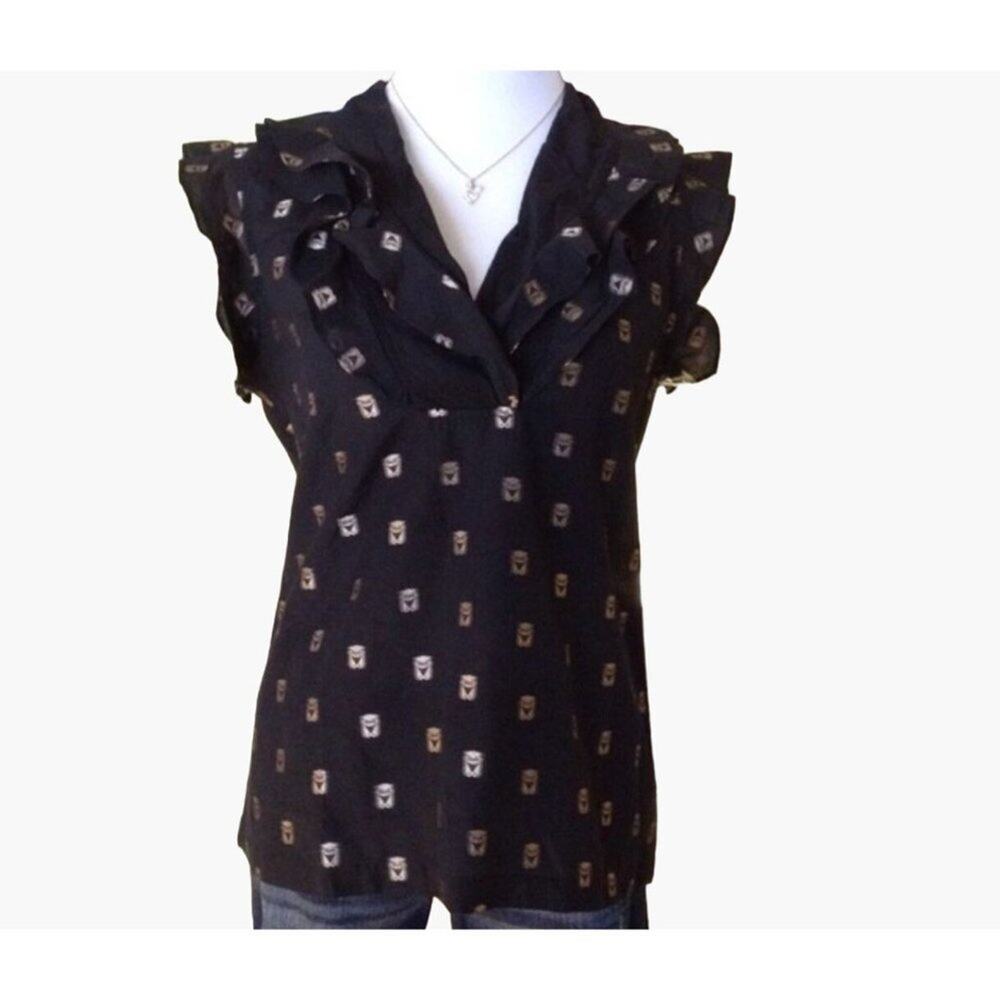 French Connection Owl Print Ruffle Top Women's Size 10 Black Gold Ruffle Necklin